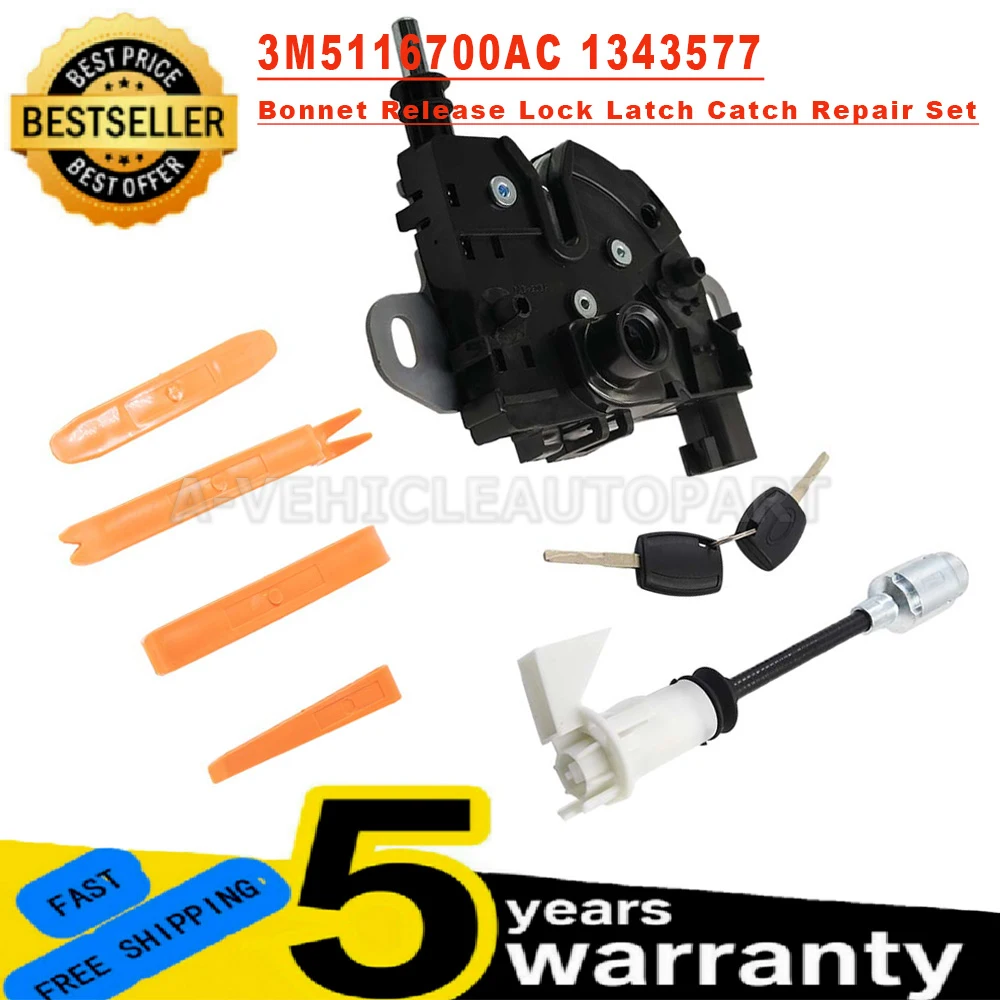 1343577 Long Type Rod Bonnet Hood Release Lock Latch Repair Kit With 2 Keys And 3M5116700AC Lock Catch For Ford Focus MK2