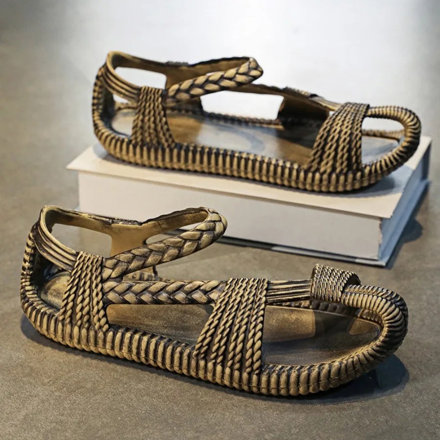 Damensandalen, Bequem und Atmungsaktiv, Retro-Stroh-Look, Antiker Bronze-Römischer Stil, Perfekt für Strandurlaube und Spaziergänge – Detail 5