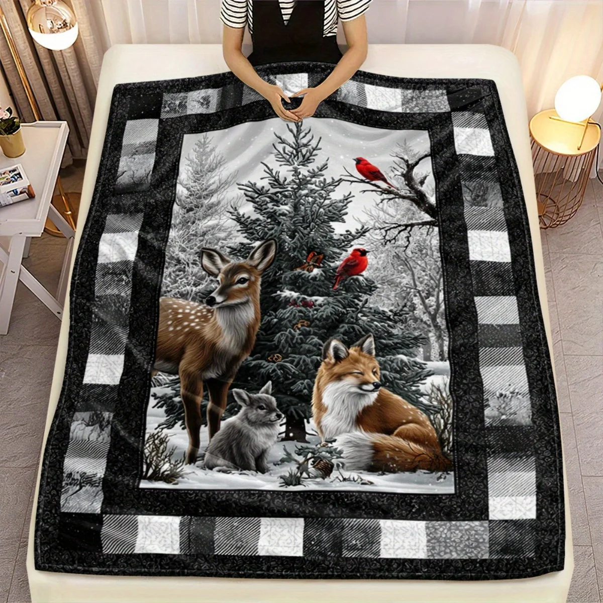 Christmas Deer Fox Flannel Throw Blanket, Winter Forest Scene with Cardinals, Soft All Season for Sofa Bed, Festive Holiday Gift