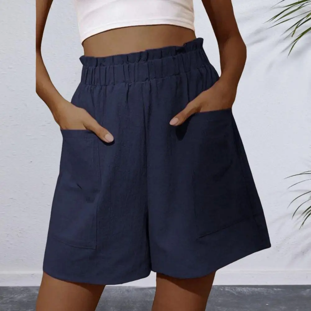 

Women Casual Shorts Breathable Summer Women's Elastic High Waist Shorts with Side Pockets Soft Solid Color Above Knee for Casual