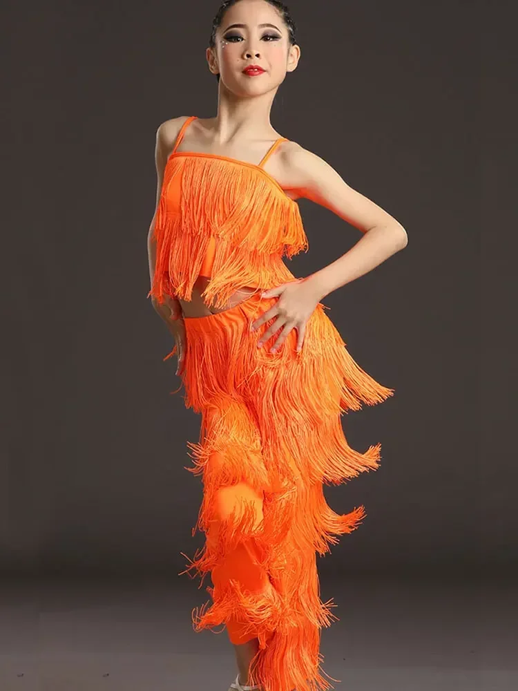 Abiti da ballo latino per ragazza per ragazze, abito da ballo con frange e nappe, top e pantaloni, costume da ballo da competizione per bambini