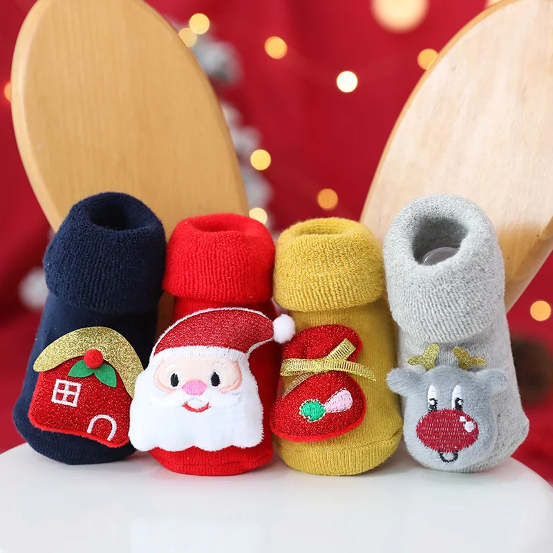 0-3Y Kids Christmas Anti-slip Long Socks For Girls Boys Winter Newborn Cotton Stocking Terry Thick Warm New Children Floor Sock