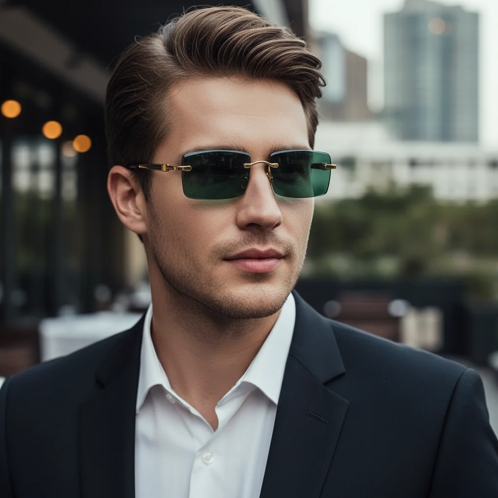 

Retro Frameless Men's Sunglasses Green Crystal Stone Metal Cycling Goggles Black Shades UV Protective Driving Glasses