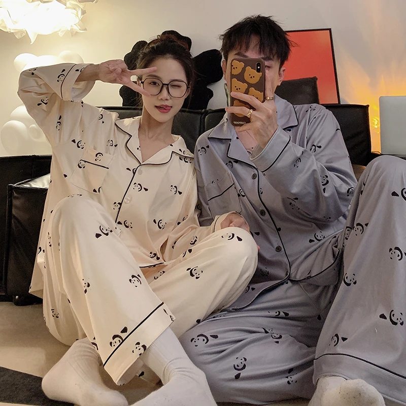 Pajamas Women Pajama Man Set Cotton Plus Size Spring Autumn Long-sleeved Korean Cardigan Casual V-neck Nightwear Couple Pyjamas