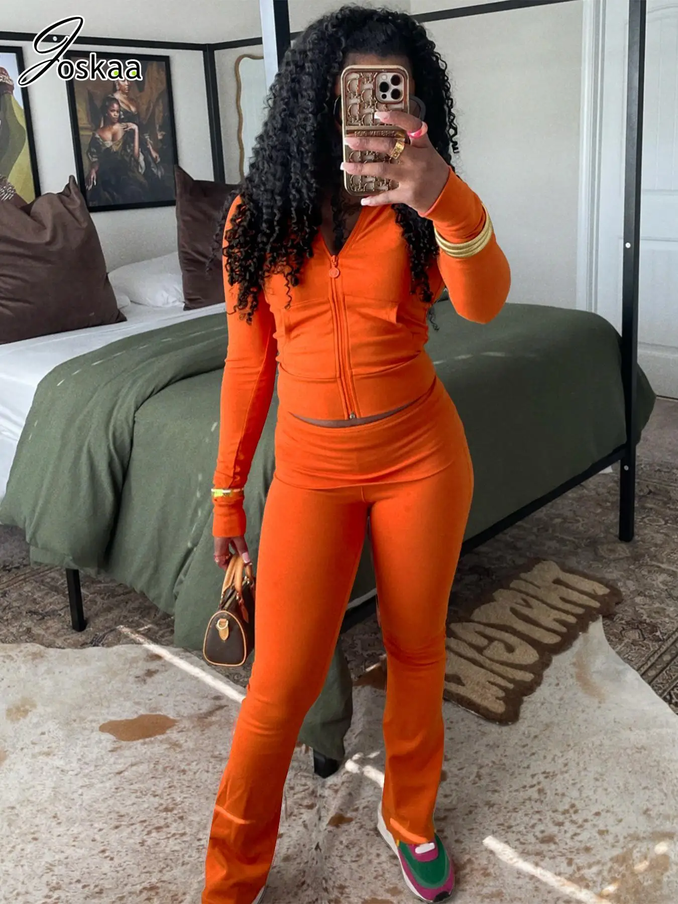 

Joskaa Women Sporty Fleece 2 Piece Sets Casual Long Sleeve Zip Crop Tops and Flared Pants Matching Winter Fitness Tracksuits
