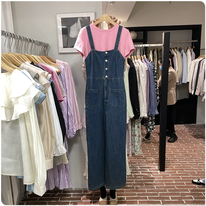 

Джинсовый комбинезон Finoa Spring 2026 с высокой талией, свободный крой, в корейском стиле, прямые брюки на бретелях, милые, без стрейча