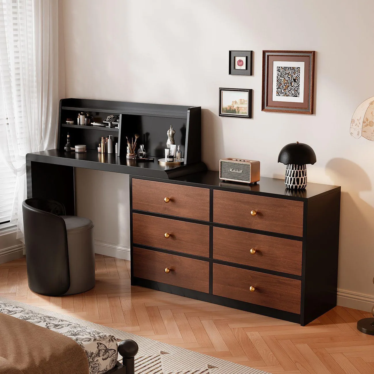 Retro style retractable bedside cabinet high-end feeling bedroom chest cabinet integrated makeup table