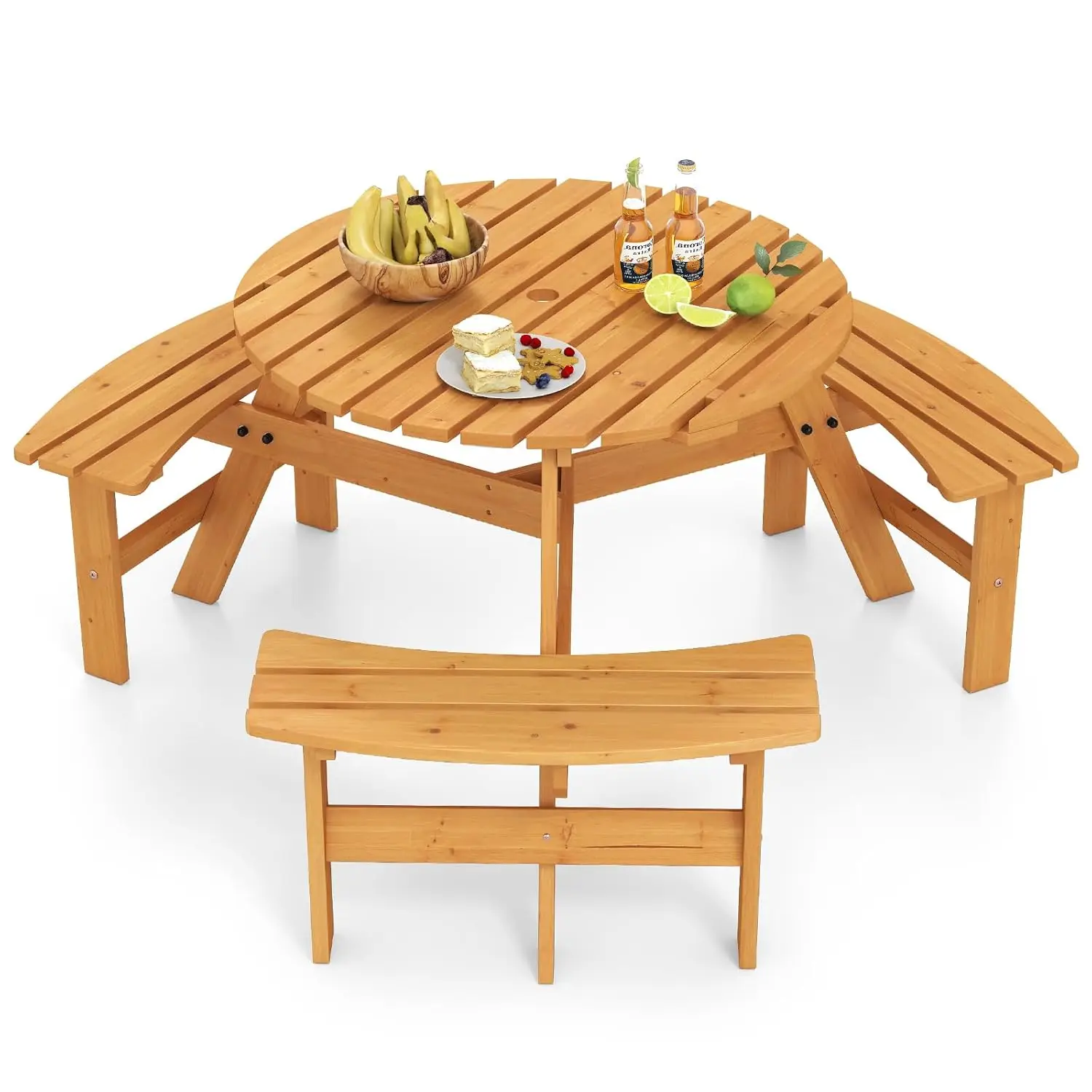 

6-Person Round Picnic Table Set with 3 Benches, 550 LBS Bench Capacity, 2" Umbrella Hole, Circular Outdoor Wood, Customized