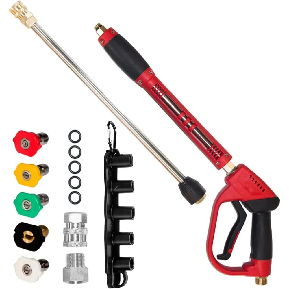 

Hourleey Pressure Washer Gun, Red High Power Washer Gun with Replacement Wand Extension, 5 Nozzle Tips, M22 Fittings, 40 Inch, 5