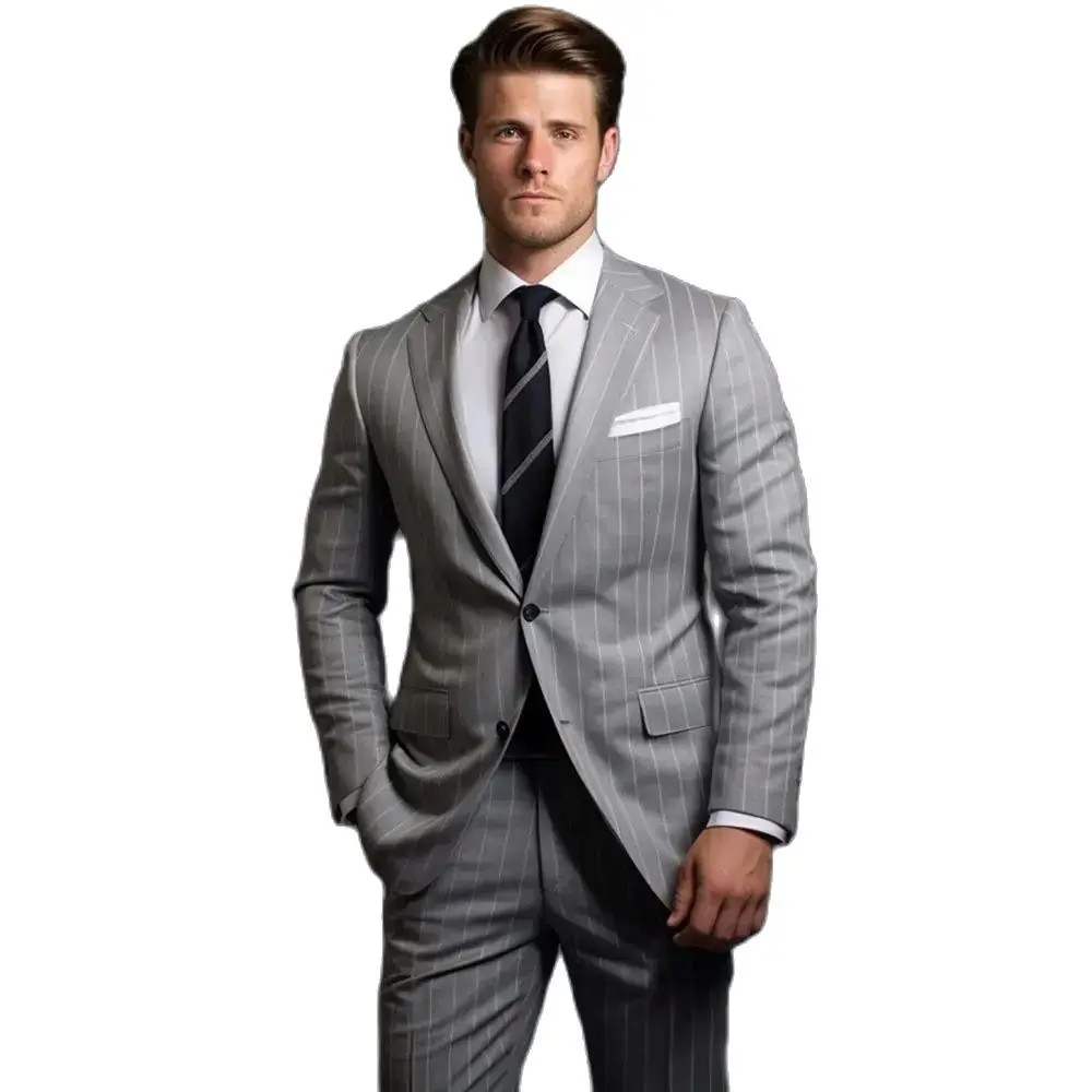 Light Gray Men's Suit Vertically Striped Male Blazer Sets Prom Tuxedos Jacket And Pants Notched Lapel Wedding Groom Wear