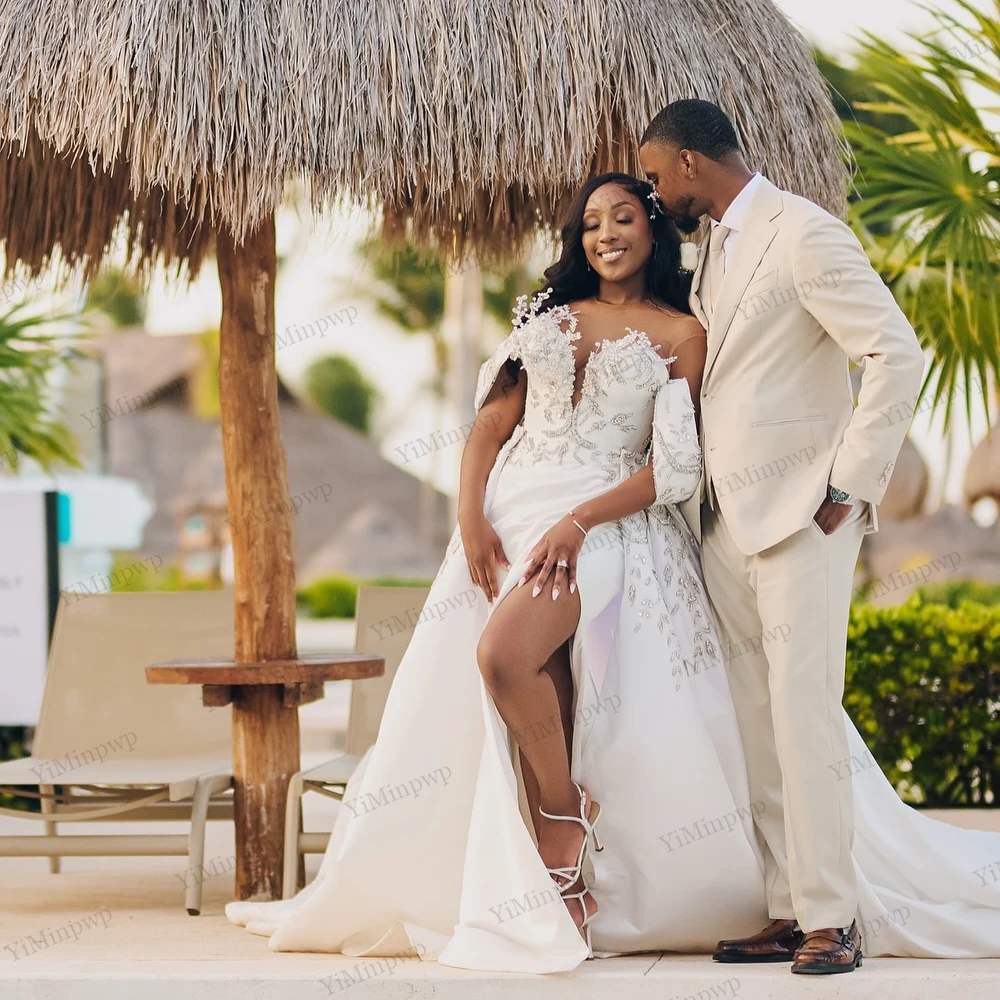 فستان زفاف أنيق بكريستال Aso Ebi برقبة دائرية 2 في 1 ذيل العروس بدون أكتاف حورية البحر مزين بفتحة من الساتان سويب تراين #4