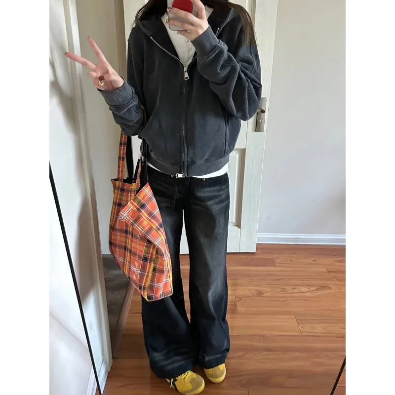 Fashion American Spice Girl Sweater Women's 2026 Spring New Dark Grey Washed Old Hooded Sweater Jacket view 2