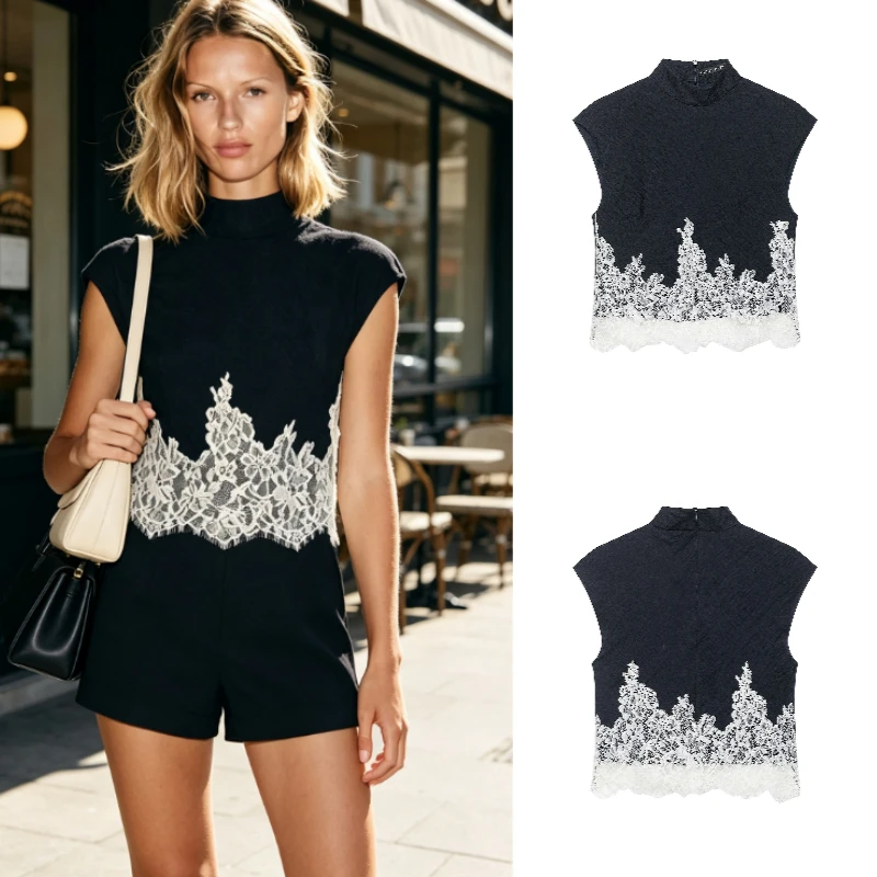 Women's Top 2026 Fall New Arrival Fashion Retro Lace Splice Sleeveless Shirt Elegant Street Casual