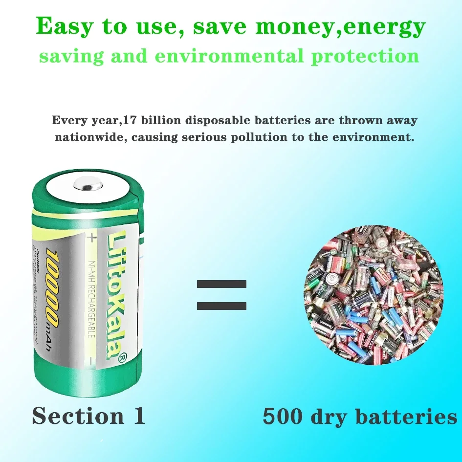 LiitoKala 1.2V 高容量 10000mAh NiMH 充電式電池 D/R20 サイズ 超低自己放電で長期使用可能