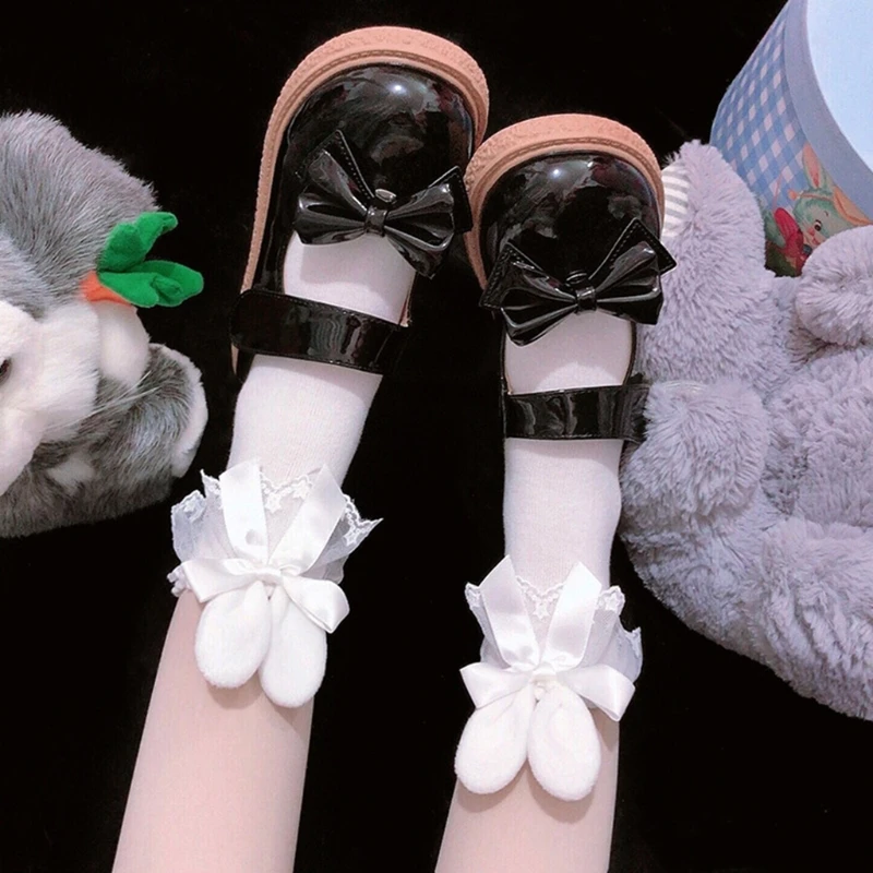 

Japanese Sweet Cotton Socks Plush Rabbit Bunny Ears Lace Bowknot Student Tube Hosiery Stockings