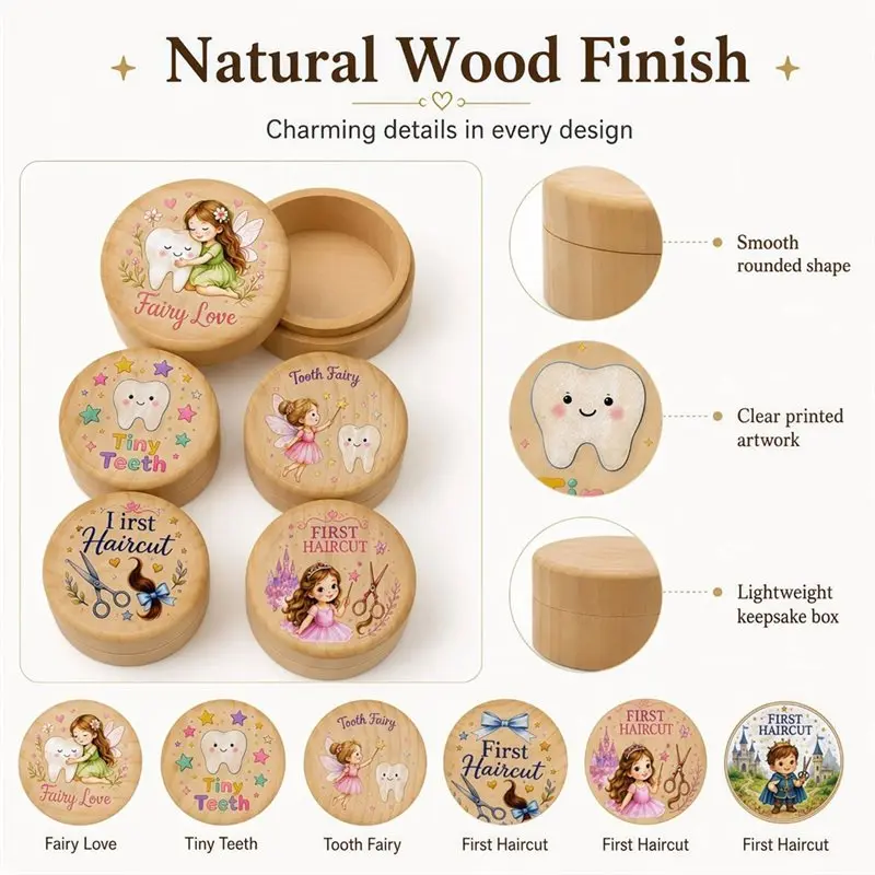 ABUM-Multi-Purpose Wooden Wood Storage Holder 6 Pcs Baby For Teeth Hair Keepsake Box For Teeth Hair Rings Jewelry