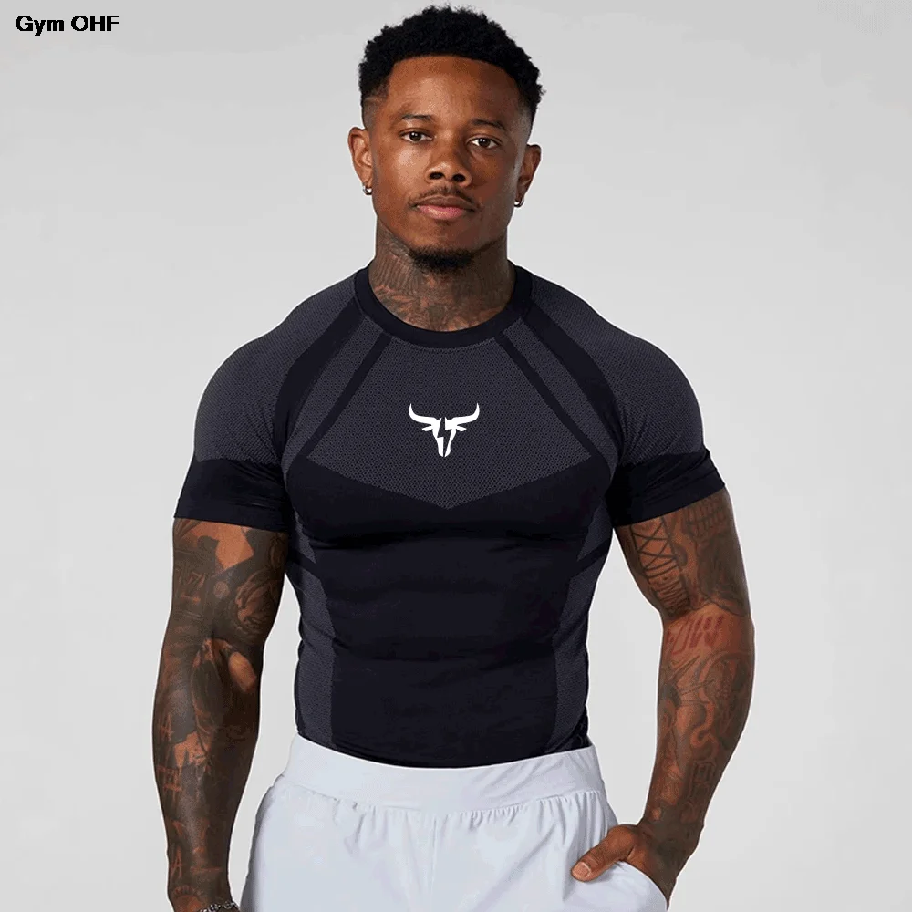 New Men Running Compression T-shirt Short Sleeve Sport Tees Gym Fitness Sportshirts Male Jogging Tracksuit Homme Shirt Tops