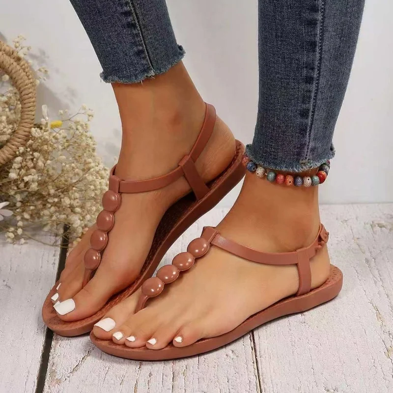 Women Nude Matte PU Four Round Bead T-Strap Thong Sandals Adjustable Ankle Buckle Flat Open Toe Beach Flip Flop Shoes