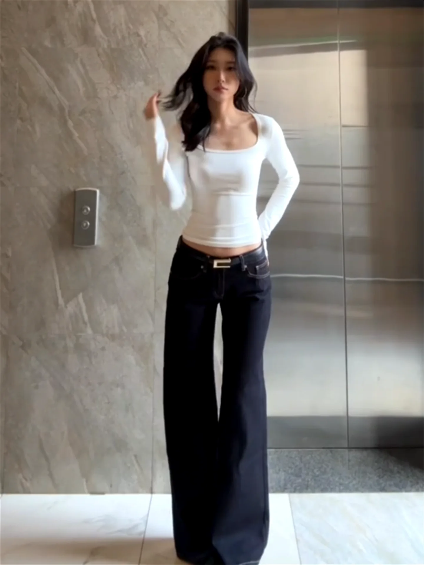 

American Style Vintage Low Waist Deep Blue Bell Bottom Jeans Women's Loose Drapey Casual Floor Length Pants Spring Season