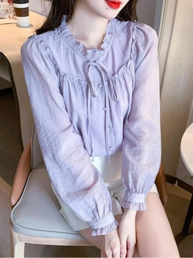 

Purple Female Tops Tall Full Long Sleeve Japanese Harajuku Fashion Simple Cheap Stylish Pretty With Bow Women's Shirt And Blouse