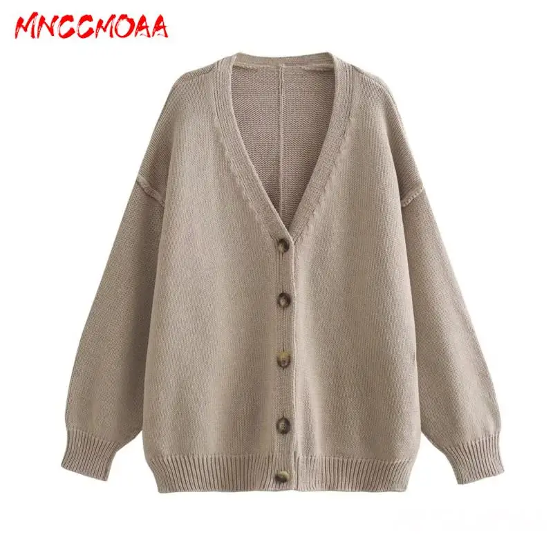 

MNCCMOAA 2023 Autumn Winter Women Fashion Loose V-Neck Knit Sweater Cardigan Coat Female Solid Color Causal Long Sleeve Tops