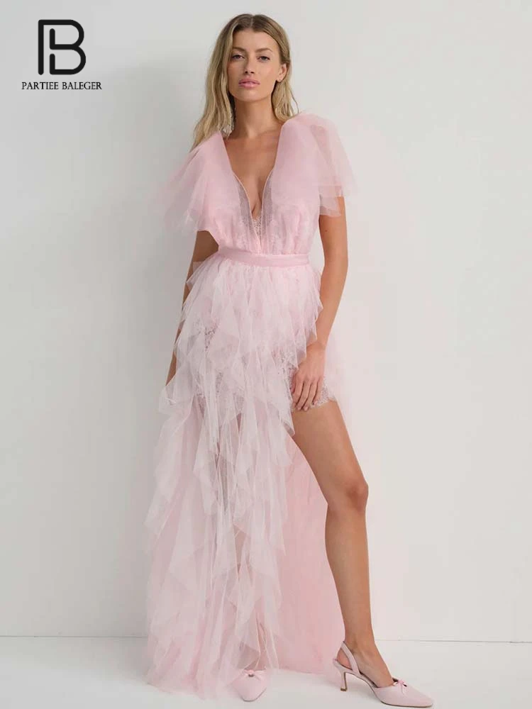 

PB Elegant Pink V - Neck Tulle Long Dress with Lace & Flutter Sleeve Details - Ideal for Party Weddings & Summer Events