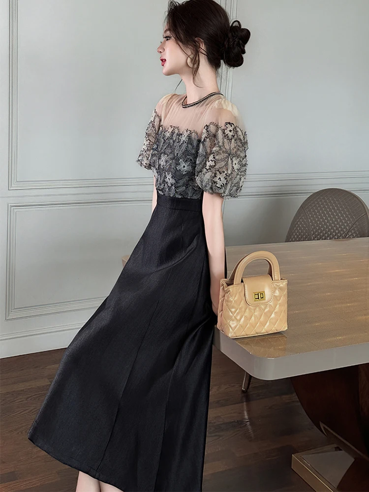 Damska Sukienka Wieczorowa Czarna Koronkowa Imitacja Dwuczęściowa Krótki Rękaw Wyszczuplająca Linia A Długa Elegancka Modna Impreza Bal Studniówkowy Vestido Robe Lato