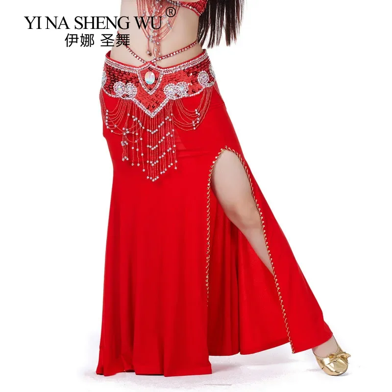 새로운 벨리댄스 핑크 스커트 1슬릿 고품질 크리스탈 코튼 스팽글 스커트 여성용 벨리댄스 롱 스커트 (벨트 제외)