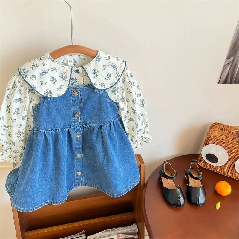 Girls' Dress Set Spring and Autumn New Style Children's Fragrant Flower Shirt Korean Edition Cowboy Strap Dress Two Piece Set