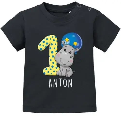 personalisiertes Baby T-Shirt mit Namen  Zahl 1 Geburtstagsshirt Nilpferd