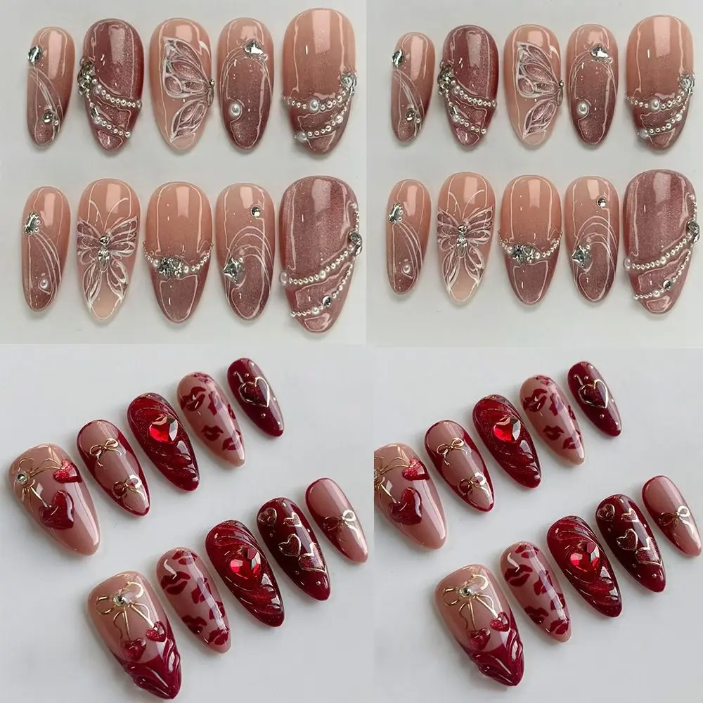 30pcs Long Almond False Nails French Cat Eye Gradient Butterfly Line Press on Nails Love Heart Cherry Sparkling Pearl Nail Tips