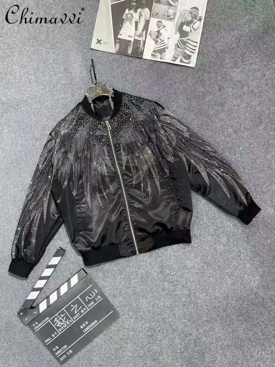 

2025 Autumn Clothes New Heavy Wings Rhinestone Baseball Jacket Men's Fashionable Handsome Long Sleeve Loose Couple Jacket Top