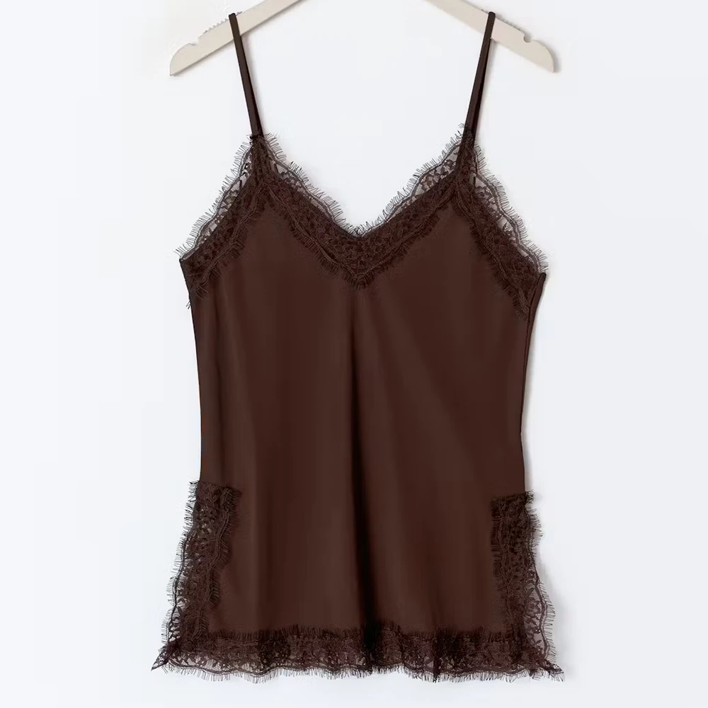 Tops sexis de encaje con tirantes para mujer, chalecos de Color liso con abertura lateral sin mangas y cuello en V, camisola para fiesta de noche y vacaciones de verano