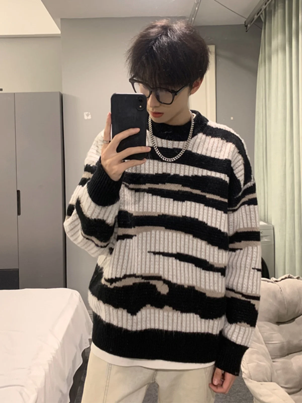 

Loose Men's Striped Knitwear Korean Sle Lazy Autumn New Arrival Casual Polyester Fiber Long Sve round Ne Sweater