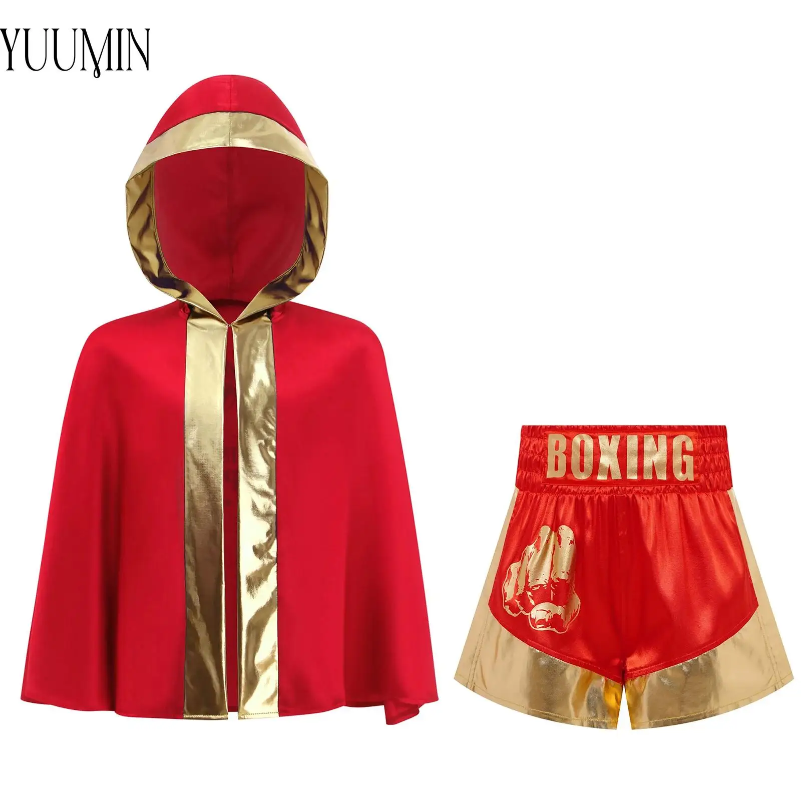 

Boys Girls Boxing Training Outfit Open Front Metallic Trim Back Hooded Cloak with Satin Muay Thai Shorts Martial Arts Fight Suit