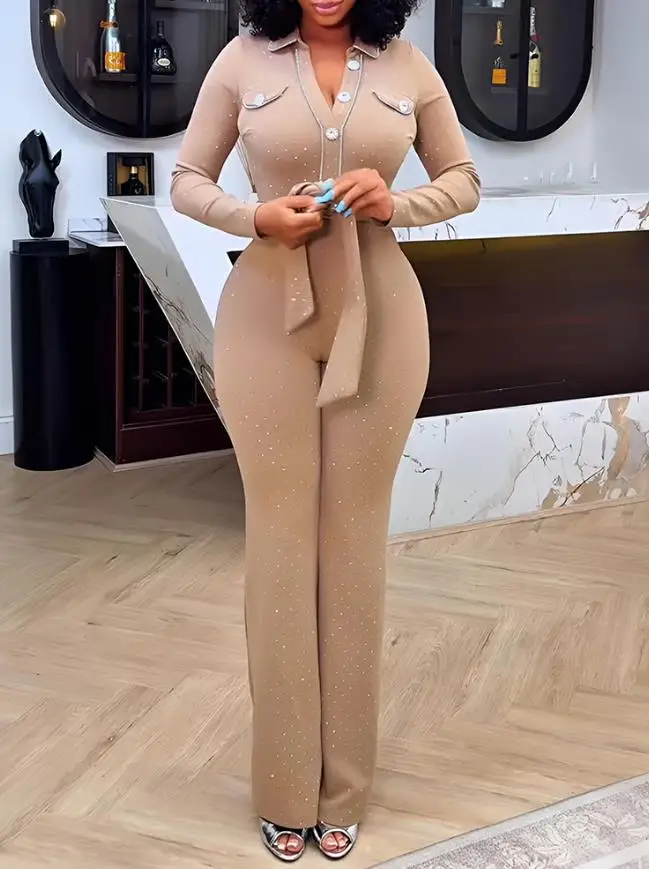 

2025 Sparkling Rhinestone Decorative Lapel Front Jumpsuit Autumn Women Elegant Casual Zipper High Waisted Straight Leg Jumpsuit