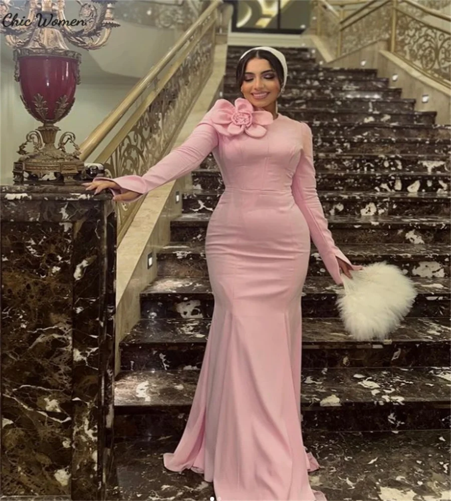 Pink Arabic Mermaid Evening Dress Elegant Long Sleeve Muslim Islamic Dubai Prom Dresses With Flowers Formal Party Customized