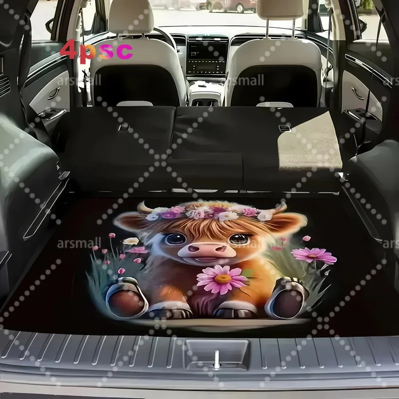 Single Piece Car Mat Featuring A Highland Cow Adorned With A Floral Crown - Charming Bovine Image Surrounded By Pink Cosmos Flow