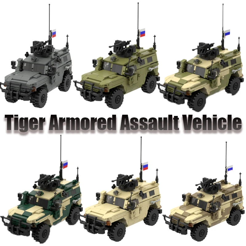 MOC WW2 Tiger Blindado Veículo, Assault Car, Building Blocks Model Set, Figuras do Exército da Rússia, Armas Acessórios, Kits de Peças, Brinquedos