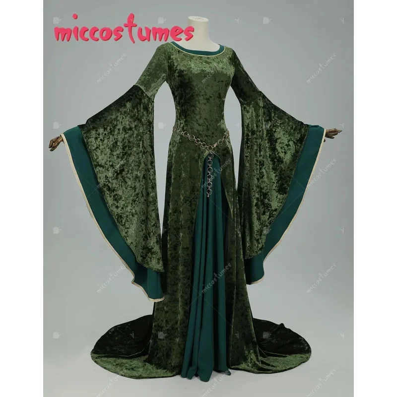 CyMICCOSTUMES عصر النهضة القرون الوسطى نمط Elinor مشتق طويل الأكمام واسعة فستان أخضر مخملي وسلسلة الخصر تأثيري حلي