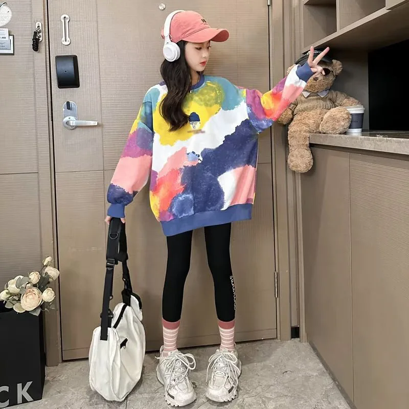 2023 autumn winter Girls clothes long t-shirt Dresses Baby hooded tops teens Kids loose cloud cluster print sweatshirts 12 year