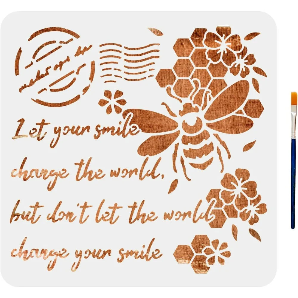 Bee Stamp Stencils Bee Honeycomb Stencil Vintage Writing Template 11.8×11.8inch Reusable Durable with Paint Brush for Wood