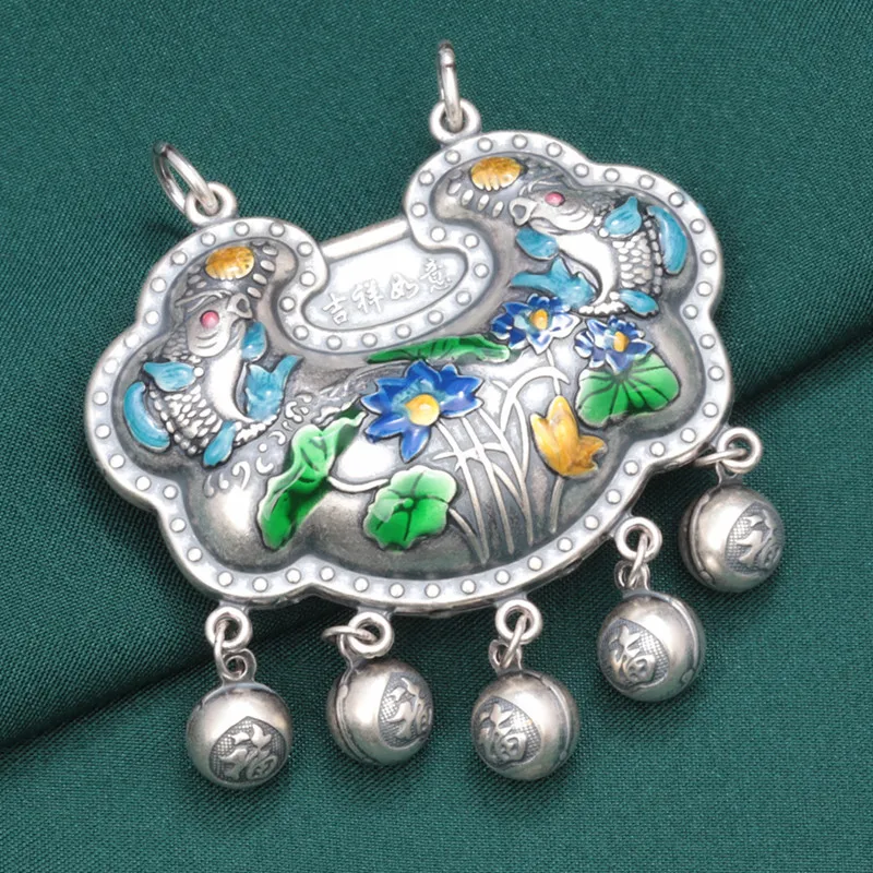 Classic ethnic style color enamel craftsmanship double-sided lotus fish Ruyi lock pendant silver 925 retro necklace jewelry gift