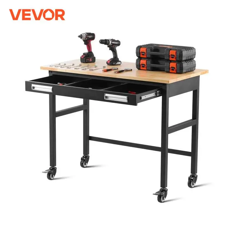 VEVOR 1500 lbs Work Bench Rolling Workbench on Wheels  with Sliding Drawer Storage Oak Wood Top Work Table for Garage Workshop