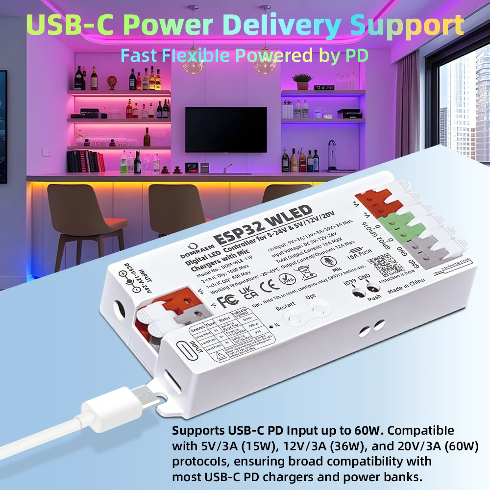 PD Power Fast Setup DOMRAEM ESP32 WLED Controller with Mic Dual 5-24V DC Input, 16A Fuse for WS2811 WS2812B WS2805 SK6812 APA102