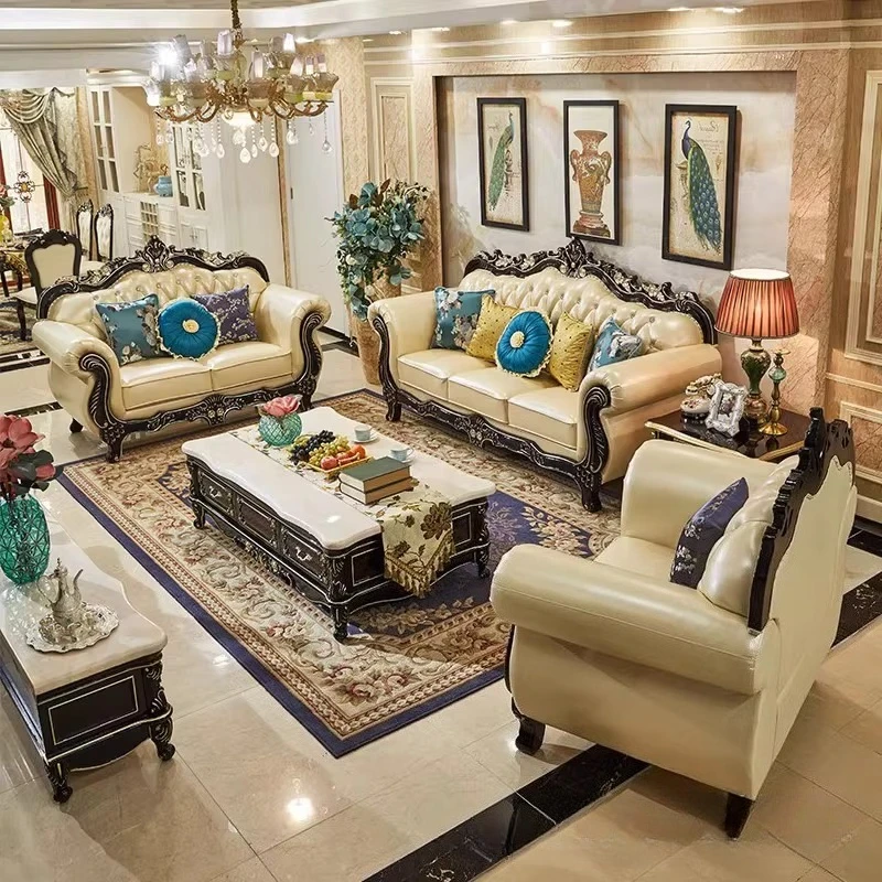 High-end European Leather Sofa Combination, Living Room 123 All Solid Wood Luxury Ebony Leather Sofa Top Layer Cowhide