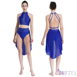 Womens Figure Skating Costume Lyrical Ballroom Contemporary Dance Set Crop Top with Flowy Skirted Briefs 2-Piece Ballet Outfit