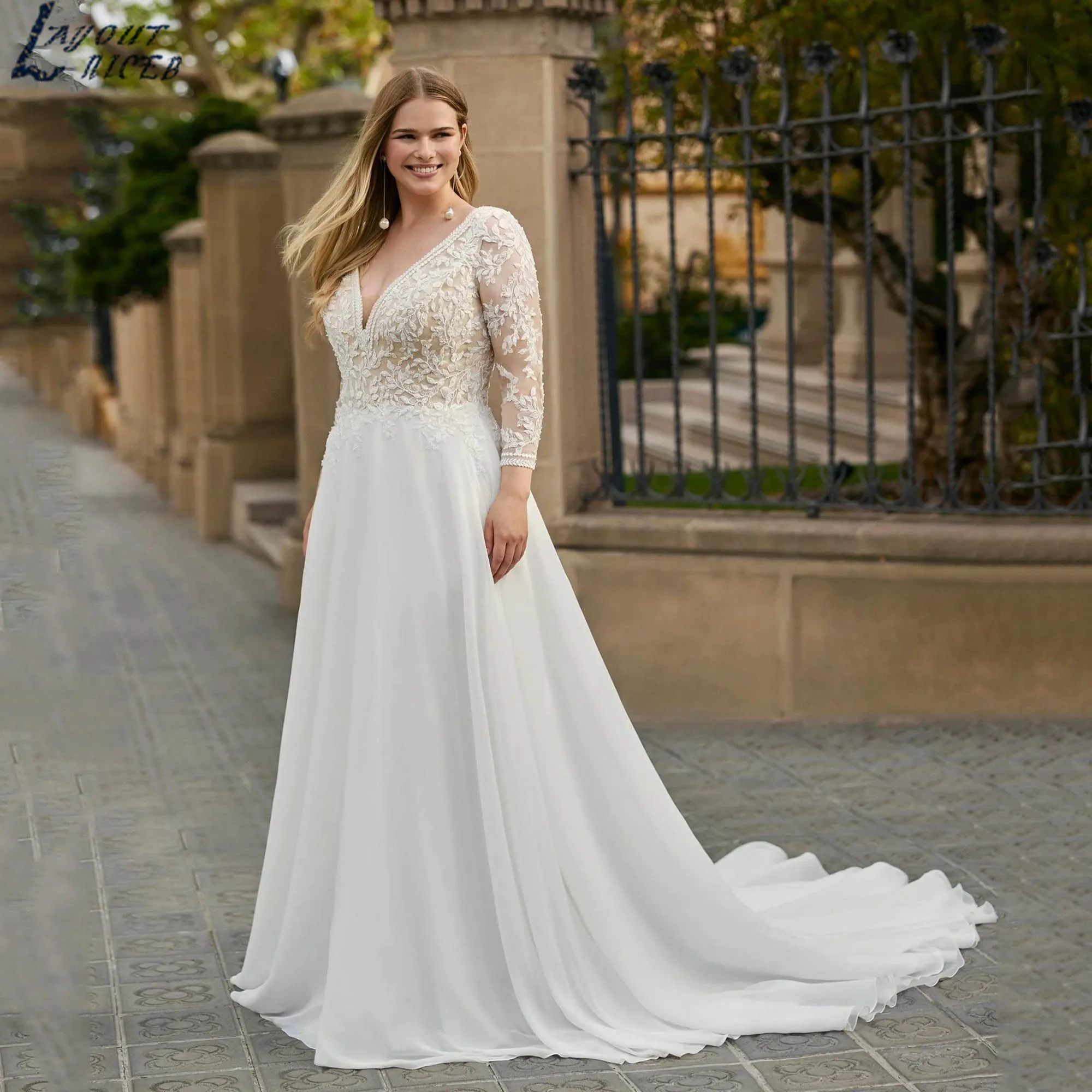 

Шифоновое свадебное платье с длинными рукавами и аппликацией, классическое свадебное платье трапециевидной формы больших размеров, женское свадебное платье с глубоким v-образным вырезом, платья de novia по индивидуальному заказу