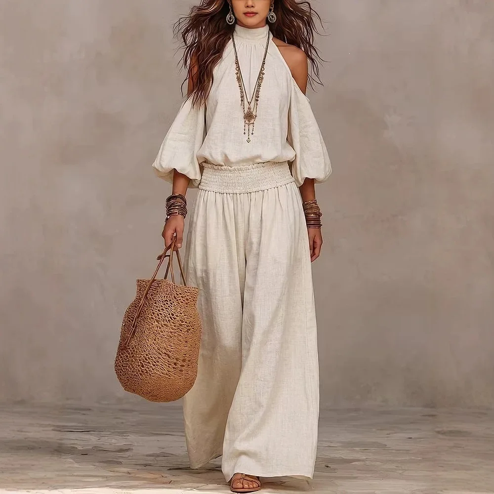 2026 Summer Women's Fashion Casual Round-Neck Loose Long-Sleeve Hollow Top And Ruched Long Pants Set