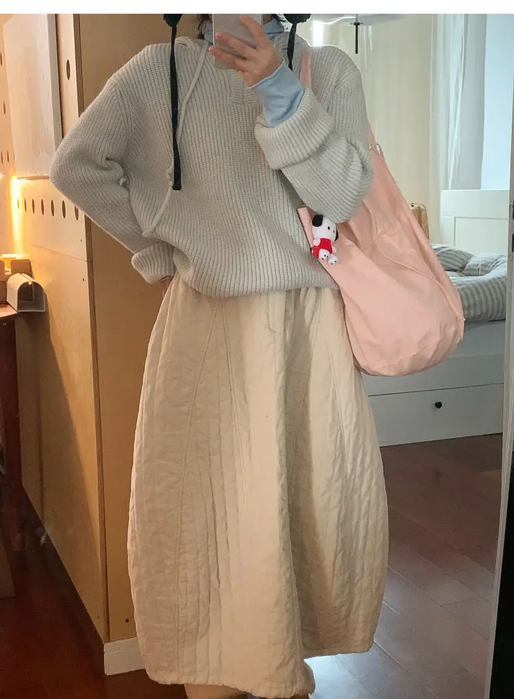 Corduroy Quilted Long Skirts Women Cotton Padded Maxi Skirt Harajuku Winter Warm Vintage Midi Skirts Korean Ladies Beige Skirt